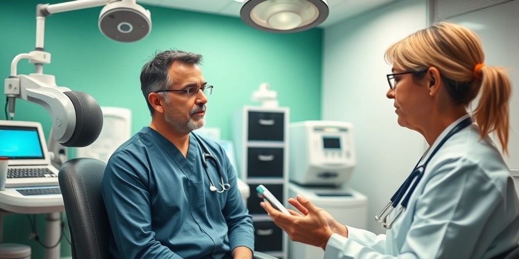 A healthcare professional calmly explains a cholesterol test to a patient in a modern clinic with soothing green decor.  4.png