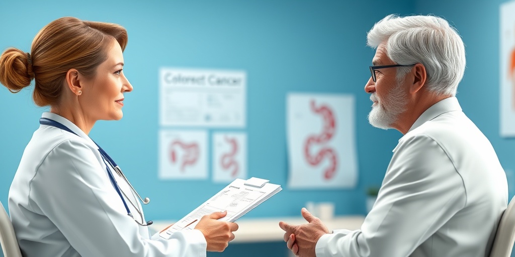 A healthcare professional compassionately discussing colorectal cancer screening guidelines with an engaged patient in a modern clinic.  3.png