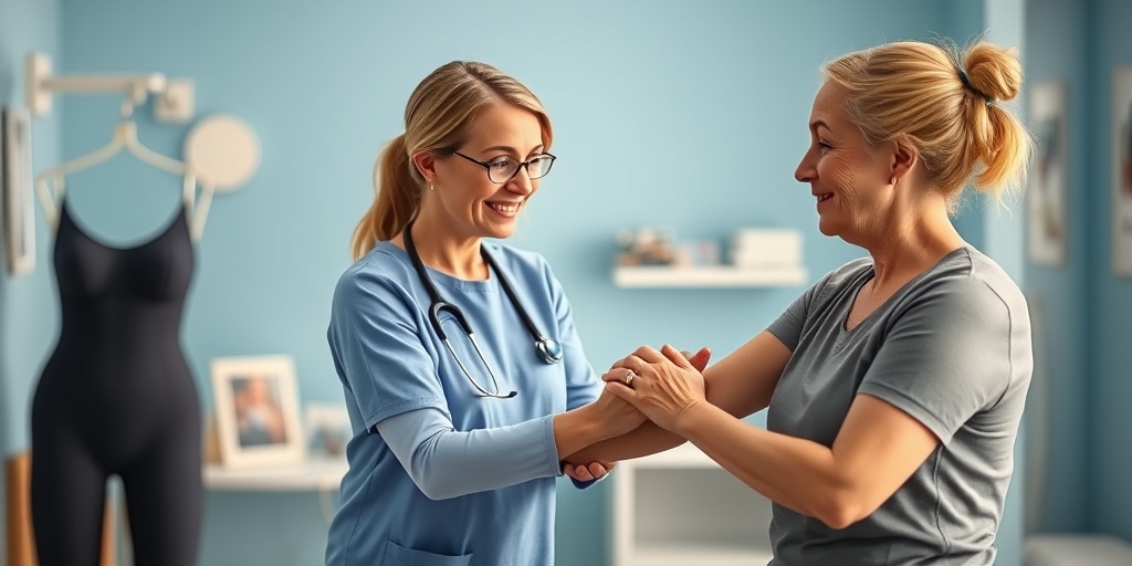 A healthcare professional demonstrating lymphedema treatments in a bright clinic, highlighting hope and empowerment for patients.  4.png
