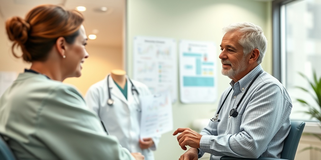 A healthcare professional discusses urea cycle disorder treatments in a modern clinic, creating a reassuring atmosphere with empathetic communication.  4.png