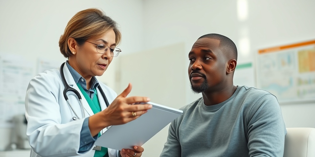 A healthcare professional explains cholesterol testing to an engaged patient in a clinical setting, emphasizing the importance of diagnosis.  4.png