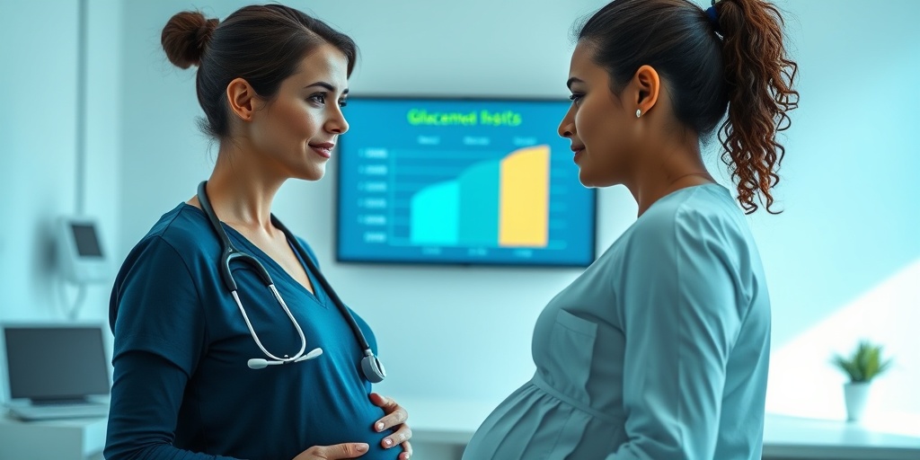 A healthcare professional explains glucose test results to a pregnant woman in a bright clinic, emphasizing gestational diabetes awareness.  3.png