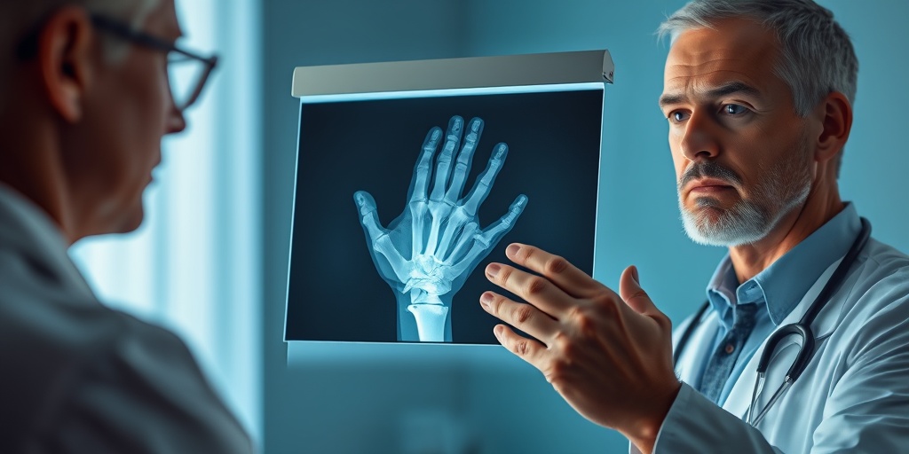 A healthcare professional intently examining an X-ray of a hand, highlighting the seriousness of arthritis diagnosis.4.png