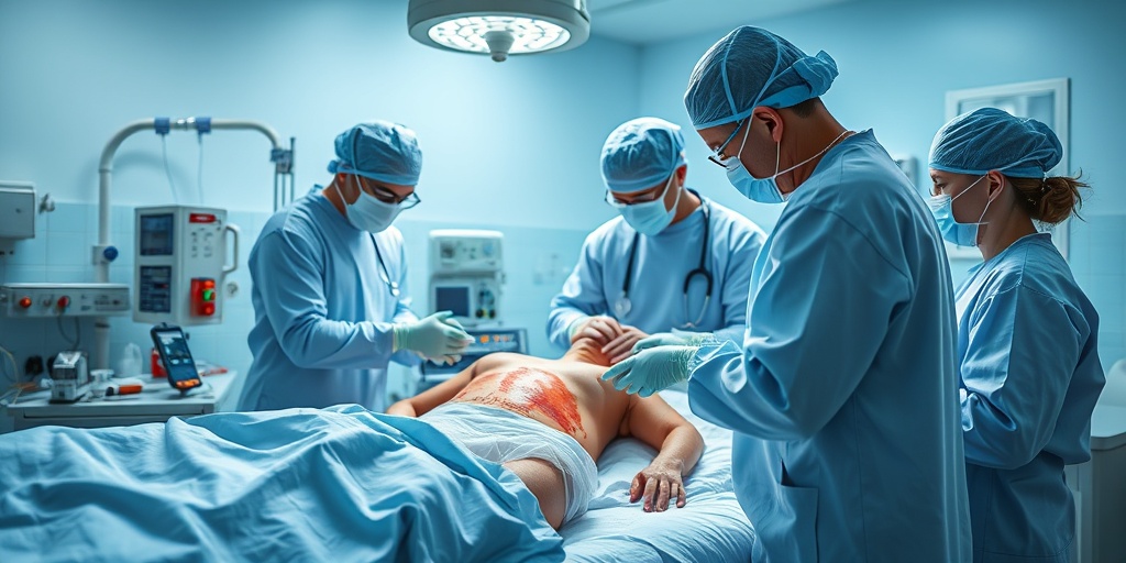 A hospital scene where medical staff administer treatment for necrotizing fasciitis, showcasing compassionate care in a bright environment.4.png