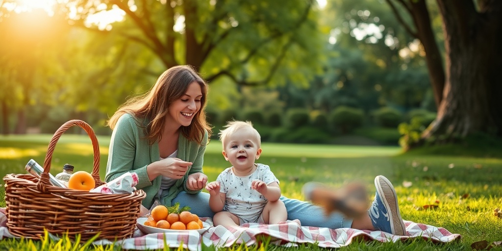 A joyful family picnic in a park, showcasing a mother managing gestational diabetes, surrounded by healthy snacks and warm lighting.  5.png