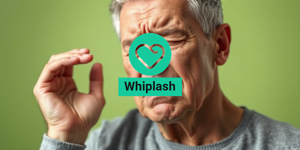 A middle-aged person holds their neck, expressing pain from whiplash against a calming green background. β’ Yesil Health AI
