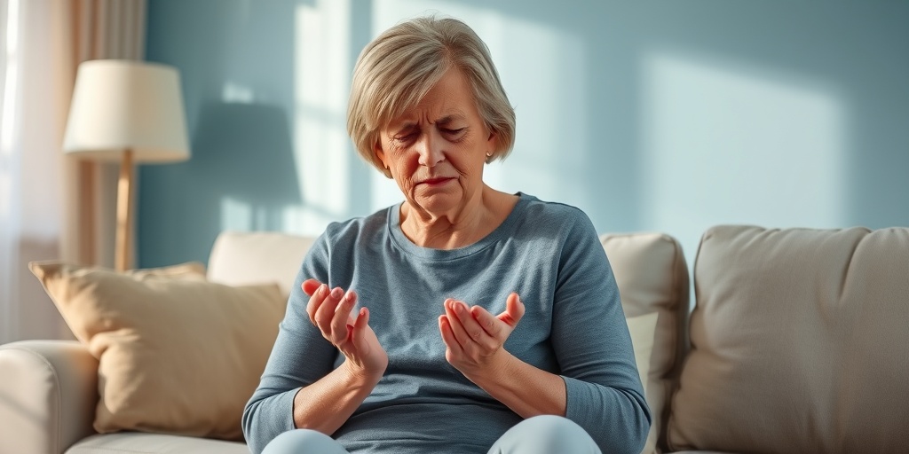 A middle-aged woman in a cozy living room, massaging her hands with a pained expression, surrounded by warm lighting.2.png