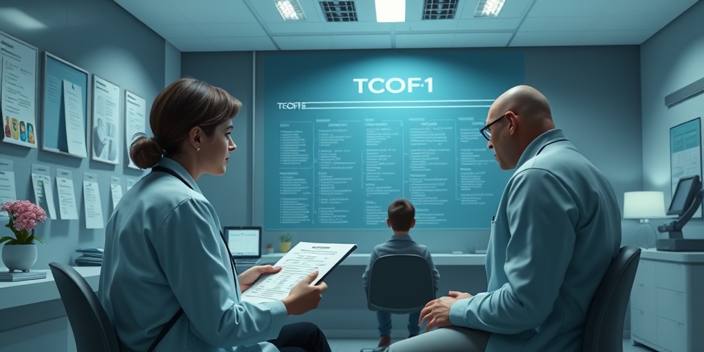 A modern medical office scene with a genetic counselor discussing TCOF1 results, featuring genetic testing materials and family trees.3.png
