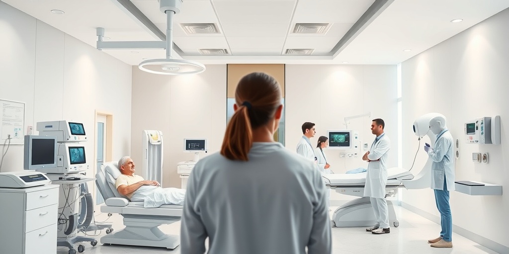 A modern treatment room scene showing a patient receiving lung cancer treatment, with healthcare professionals discussing options in a clinical setting.  4.png