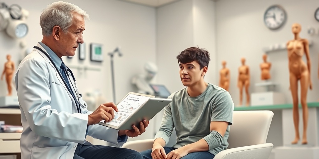 A neurologist reviews a patient's medical history on a tablet in a modern clinic setting.  4.png