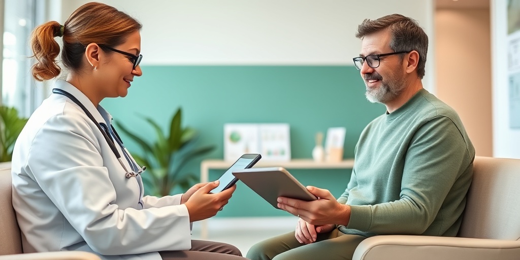 A patient receives post-treatment care in a modern clinic, engaging with a specialist who reviews progress on a digital tablet.5.png