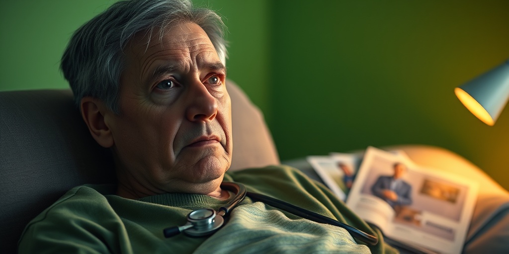 A patient showing fatigue and swelling in a softly lit room, surrounded by medical items, reflecting concern and contemplation.  2.png