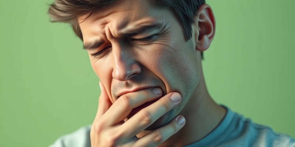 A person in distress, holding their jaw, illustrating TM disorder symptoms with soft, cinematic lighting.  2.png