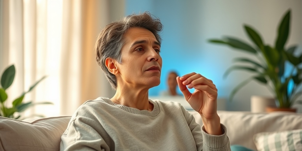 A person practicing self-care for TM disorders in a cozy home, surrounded by calming plants and soft lighting.  5.png