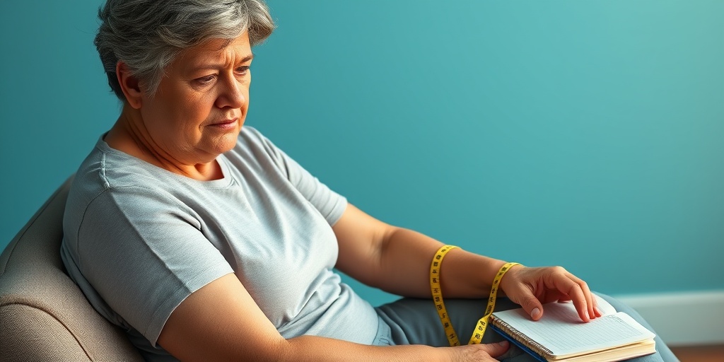 A person seated with lymphedema symptoms, expressing concern and determination in a serene blue environment.  2.png