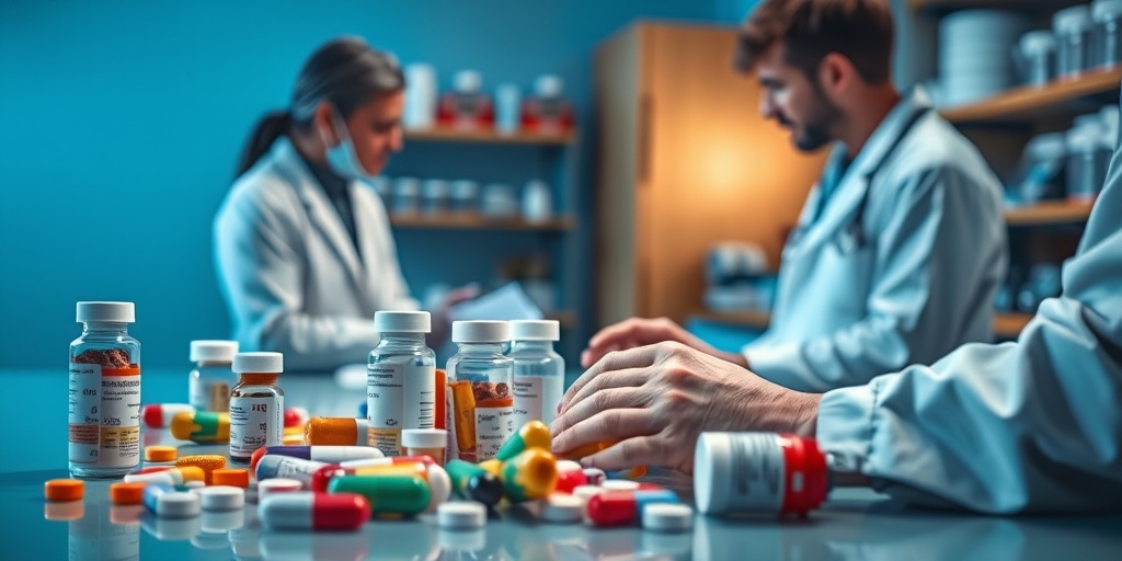 A pharmacist prepares colorful medications, while a patient discusses treatment options with a healthcare professional.  4.png