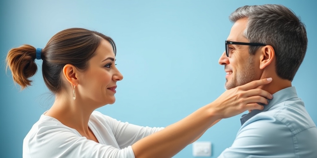A physical therapist guides a patient through neck exercises in a bright clinic, emphasizing whiplash treatment options. 4.png