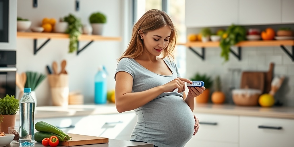A pregnant woman measures her blood sugar in a bright kitchen, surrounded by healthy food options and positivity.  4.png