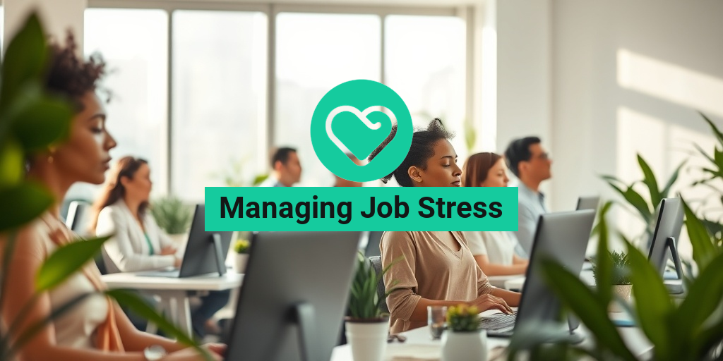 A serene office with diverse professionals practicing mindfulness, surrounded by plants and calming decor. • Yesil Health AI