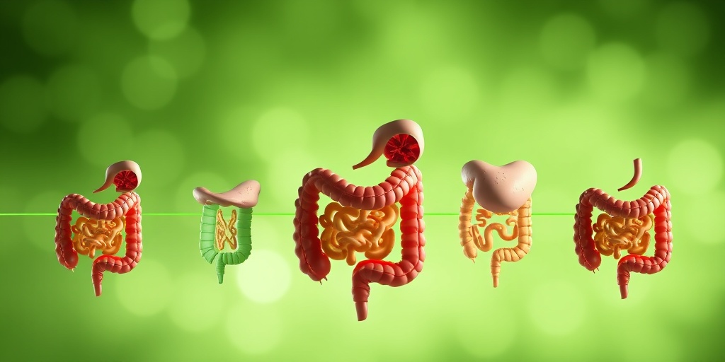 A series of interconnected images illustrating the progression of colorectal cancer from early to advanced stages.  4.png