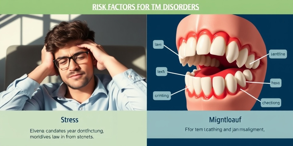 A split-screen image depicting stress and dental issues as risk factors for TM disorders, with dramatic lighting.  3.png