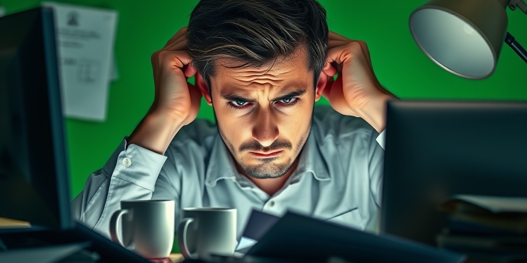 A stressed individual at a cluttered desk, showing tension and overwhelm under dramatic lighting. 2.png