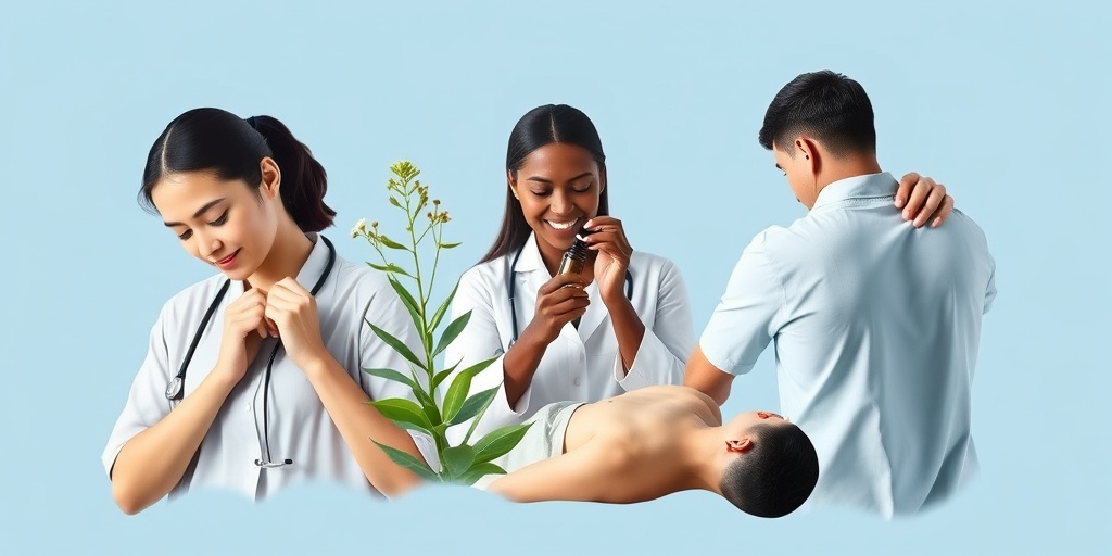 A vibrant collage showcases diverse practitioners of nontraditional medicine, highlighting acupuncture, aromatherapy, and chiropractic care in action.  2.png