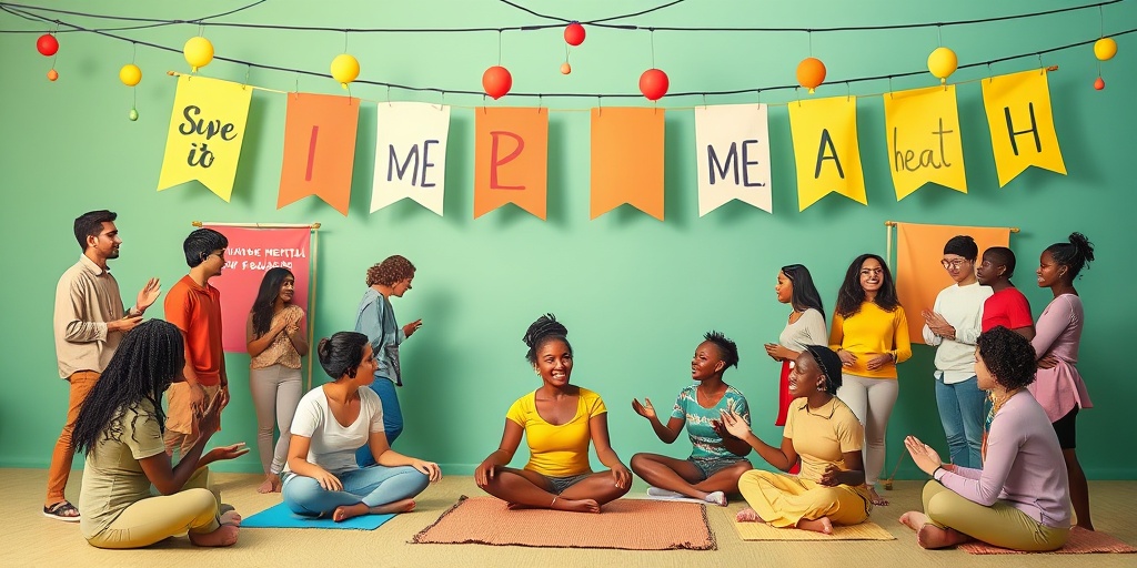A vibrant community wellness event showcases diverse individuals engaging in activities, promoting joy, connection, and positive mental health.  5.png