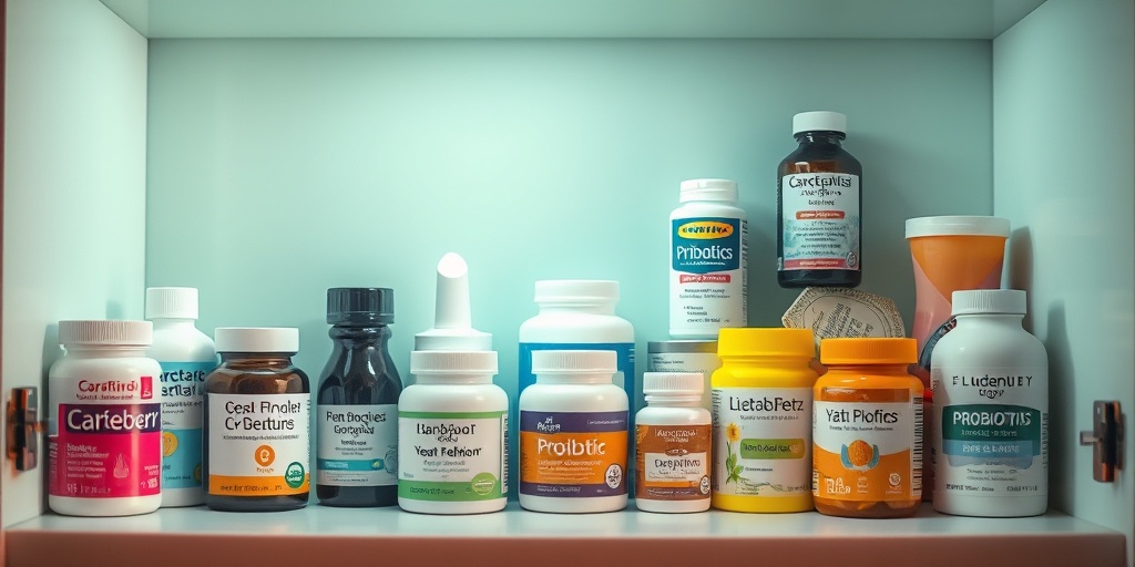 A well-organized medicine cabinet displaying various yeast infection treatments, illuminated with cinematic lighting against a soft green backdrop.  4.png