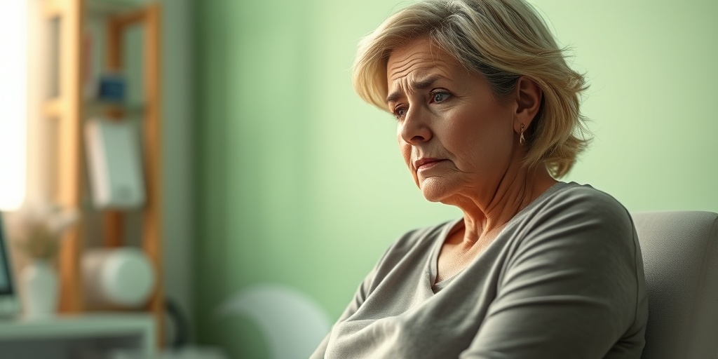 A woman in a doctor's office, reflecting on ovarian cancer symptoms, with a concerned expression and soft green tones surrounding her.  2.png