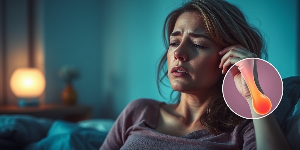 A woman in a softly lit room, expressing concern over yeast infection symptoms, with a calming blue hue surrounding her.  2.png