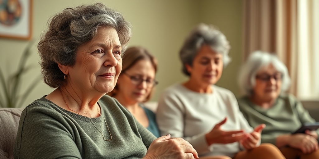 A woman participating in a support group, surrounded by family, with uplifting lighting and soft green tones symbolizing hope and resilience.  5.png