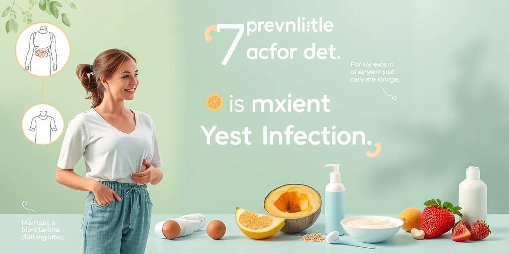 A woman practicing healthy habits to prevent yeast infections, surrounded by fruits, yogurt, and hygiene products in a soothing environment.  5.png