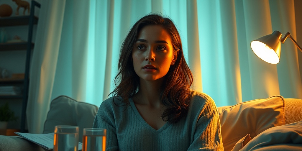 A woman reflects on birth control side effects in a softly lit room, emphasizing the importance of open discussions.4.png