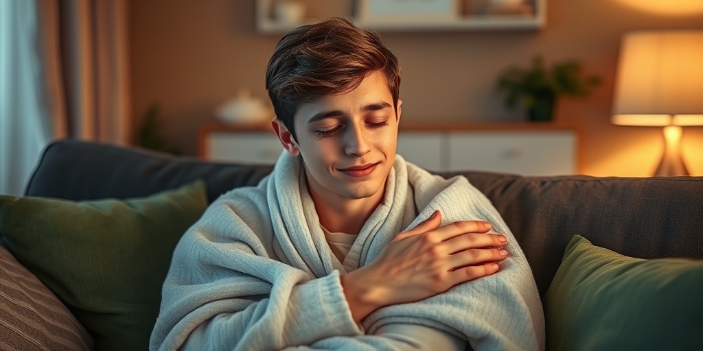 A young adult experiences fatigue in a cozy living room, wrapped in a blanket, highlighting resilience during recovery.  3.png