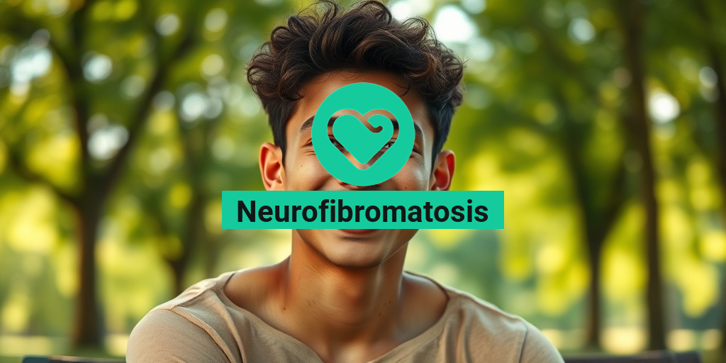 A young adult with neurofibromatosis smiles in a sunlit park, showcasing resilience amidst café-au-lait spots. • Yesil Health AI