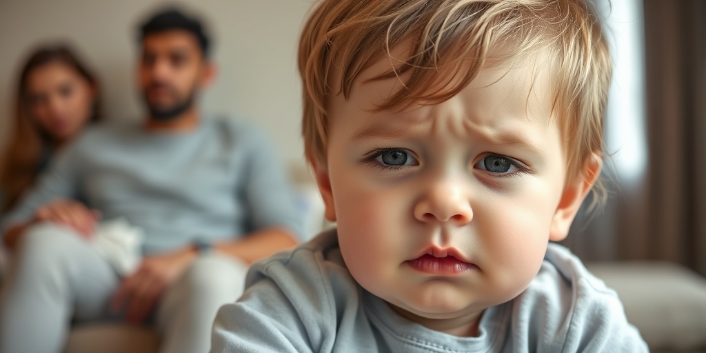 A young child shows discomfort in a softly lit room, with a concerned parent, emphasizing the emotional impact of urea cycle disorders.  2.png