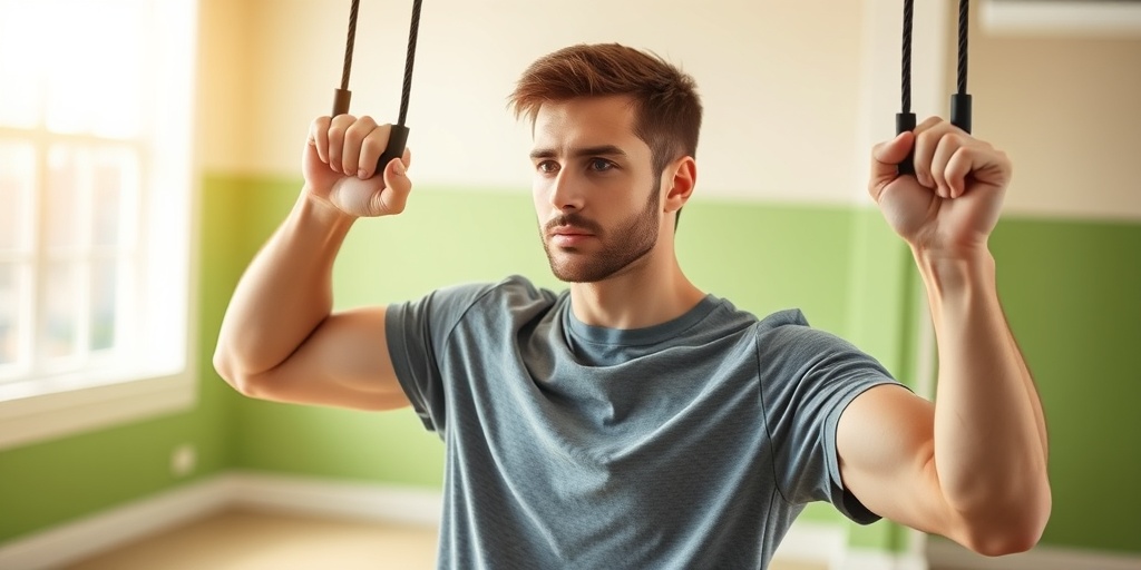 A young man using resistance bands in a bright gym, embodying resilience and strength while managing arthritis.5.png