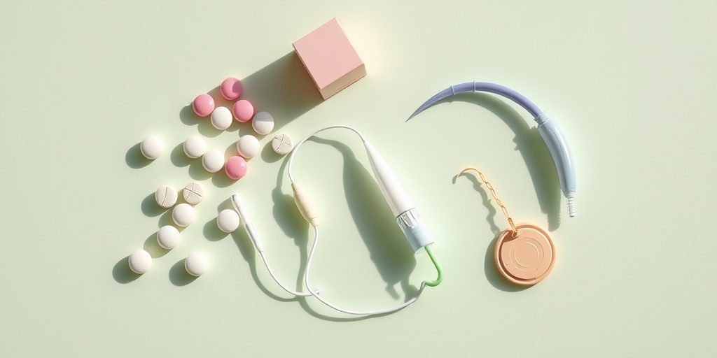An array of birth control methods displayed on a clean surface, highlighting informed choices with serene green backdrop.2.png