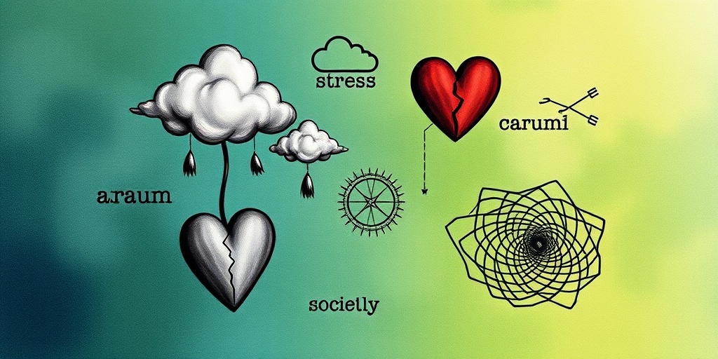 An artistic collage illustrates various mental health issues, featuring symbols like stormy clouds and broken hearts for deeper reflection.  3.png
