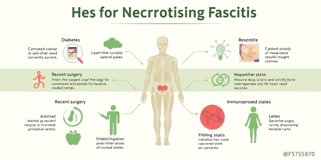 An infographic illustrating necrotizing fasciitis risk factors, featuring realistic icons on a creamy white background with green accents.3.png