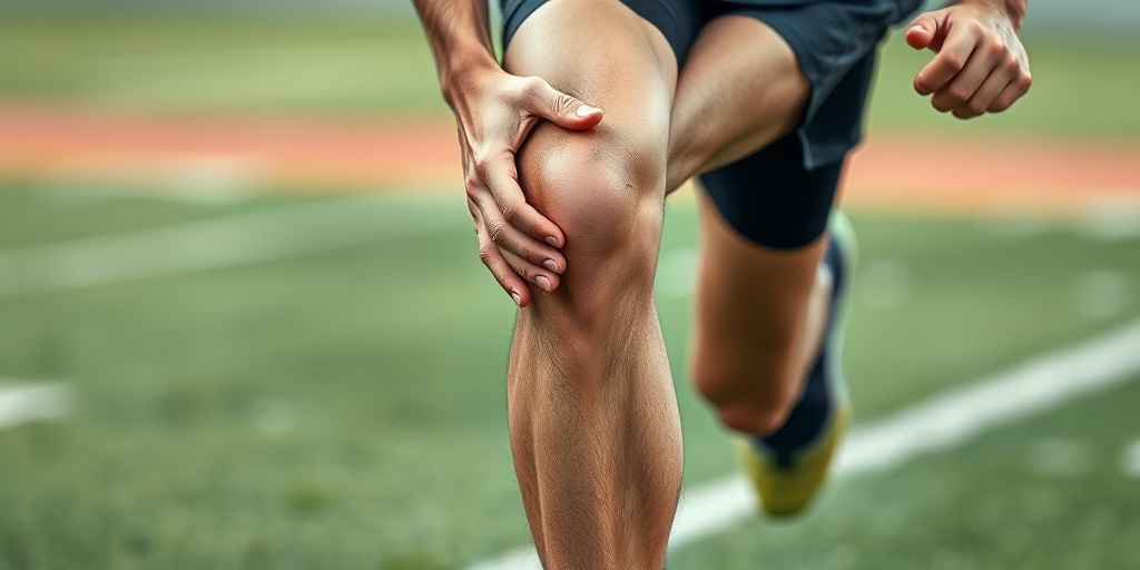 Athlete running with discomfort, highlighting knee issues amidst a blurred sports field in vibrant greens and whites.2.png