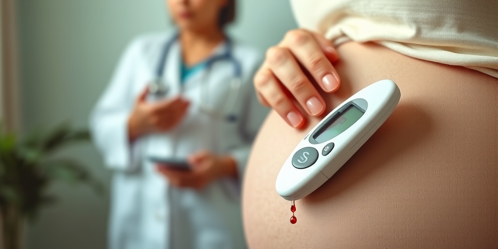 Close-up of a pregnant woman's hand using a glucose meter, with a healthcare professional discussing dietary advice in the background.  2.png