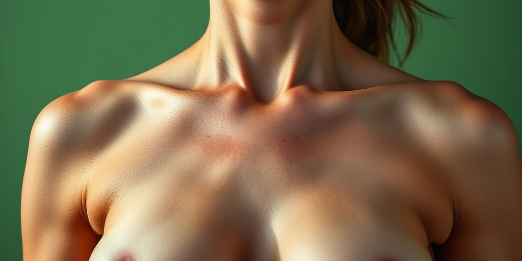 Close-up of breast cancer symptoms on a woman's chest, highlighting sensitivity and accuracy against a soft green background.  2.png