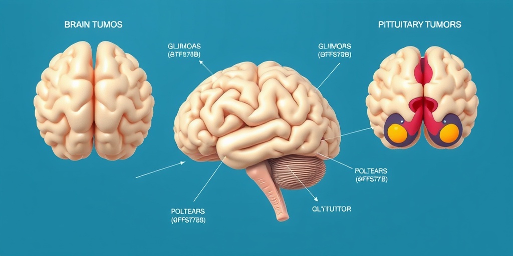 Cross-sectional view of a brain displaying various tumor types, each labeled with distinct colors for clarity.  2.png