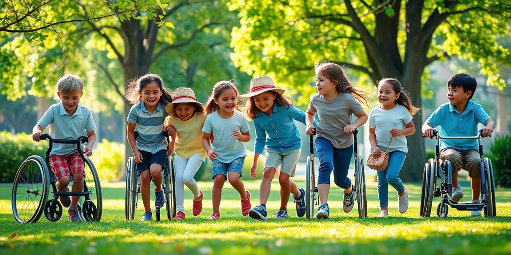 Diverse children play joyfully in a park, showcasing mobility aids, symbolizing hope and resilience for families affected by SMA.  5.png