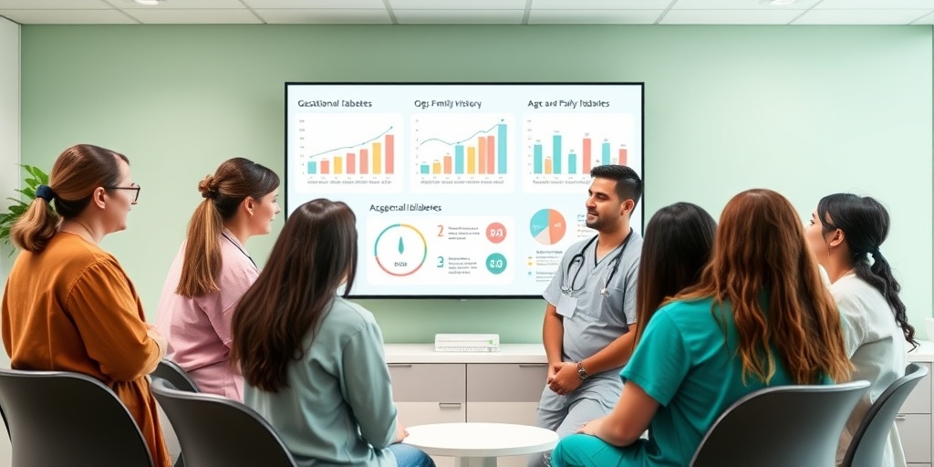 Diverse healthcare professionals discuss gestational diabetes risk factors in a modern clinic, promoting safety and trust.  3.png