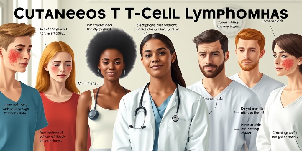 Diverse individuals in a clinical setting displaying symptoms of Cutaneous T-Cell Lymphomas, emphasizing empathy and emotional impact.  2.png