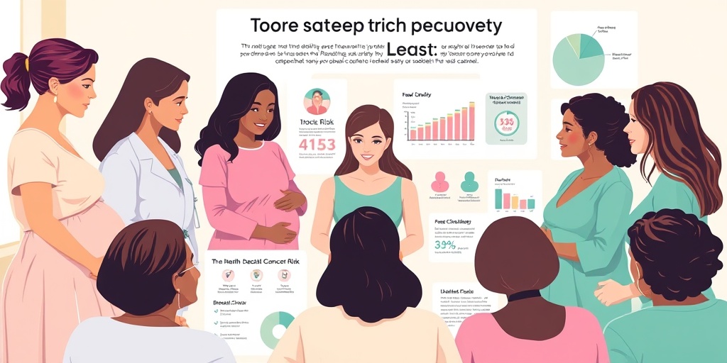 Diverse women discuss pregnancy and breast cancer risk, surrounded by informative charts in a supportive, inviting atmosphere.  3.png