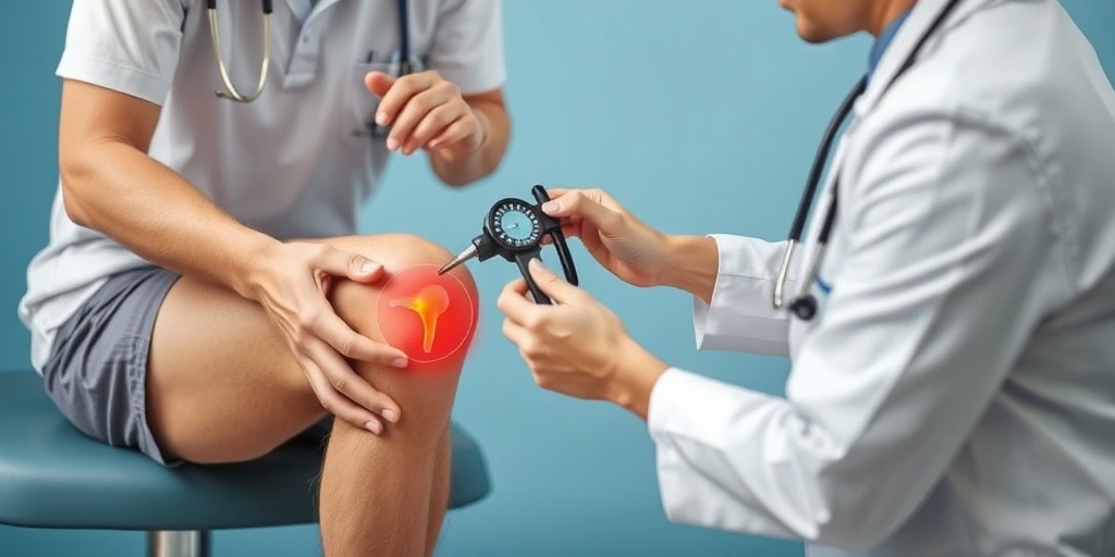 Doctor assessing a patient's knee alignment with a goniometer in a soothing blue clinical environment.3.png